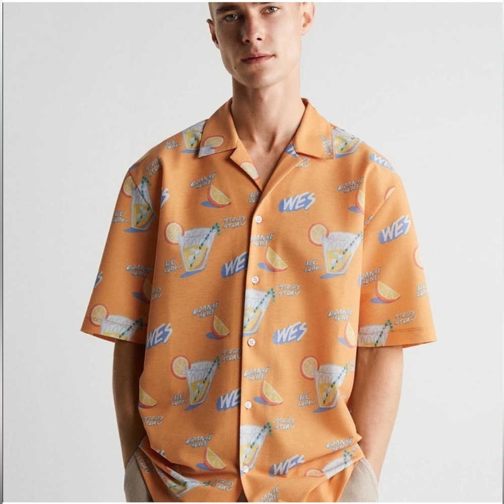 ZARA x Wes Robinson Short Sleeve Button Down Shirt Orange Novelty Print …